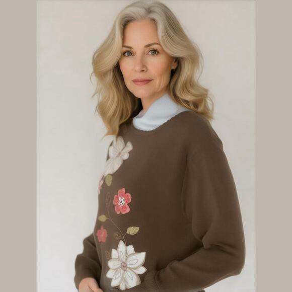 Alfred Dunner Brown Wool Blend Knit Fall Harvest Floral Pullover Sweater M - Picture 1 of 15